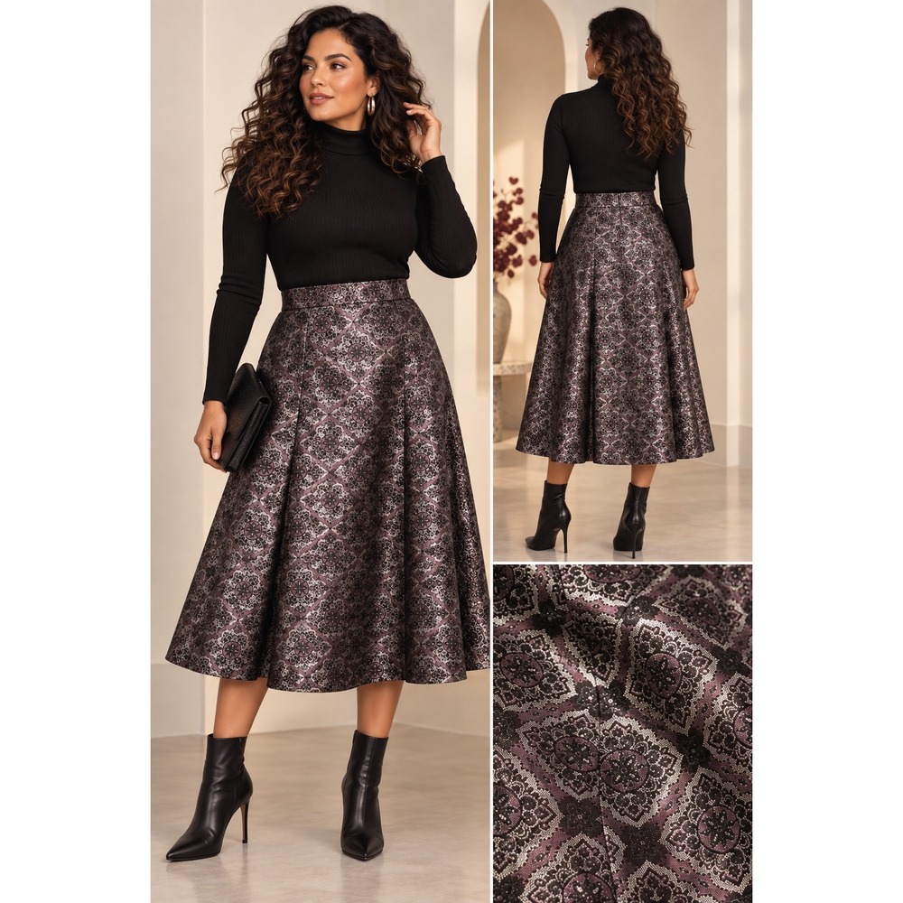 Victor Costa Metallic Brocade A-Line Midi Skirt Damask Floral Evening Size 12
